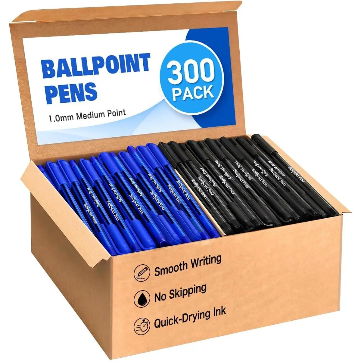 300 Count Ballpoint Pens, Black and Blue Ink, 1.0mm Medium Point | 150 Black and 150 Blue Pens, Clear , Capped Design, Smooth Quick-Dry Low-Smudge Ink, Divided Box for Office And School