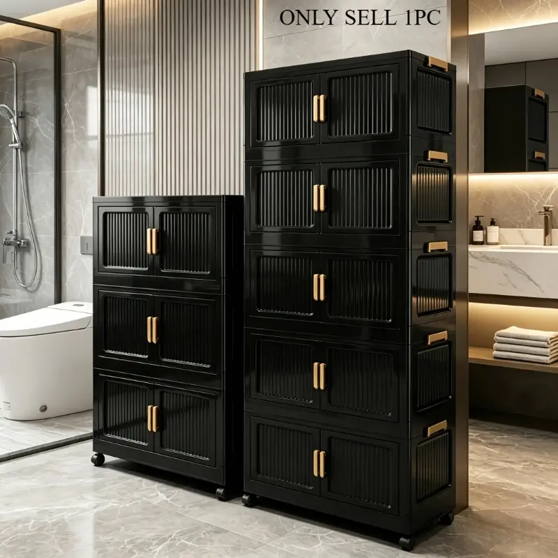 Black folding bathroom storage cabinet, stackable moisture-proof belt universal wheel bathroom storage rack, dust-proof plastic bathroom accessory set, space saving vertical floor cabinet suitable for apartment small bathrooms, toilet sides, laundry rooms