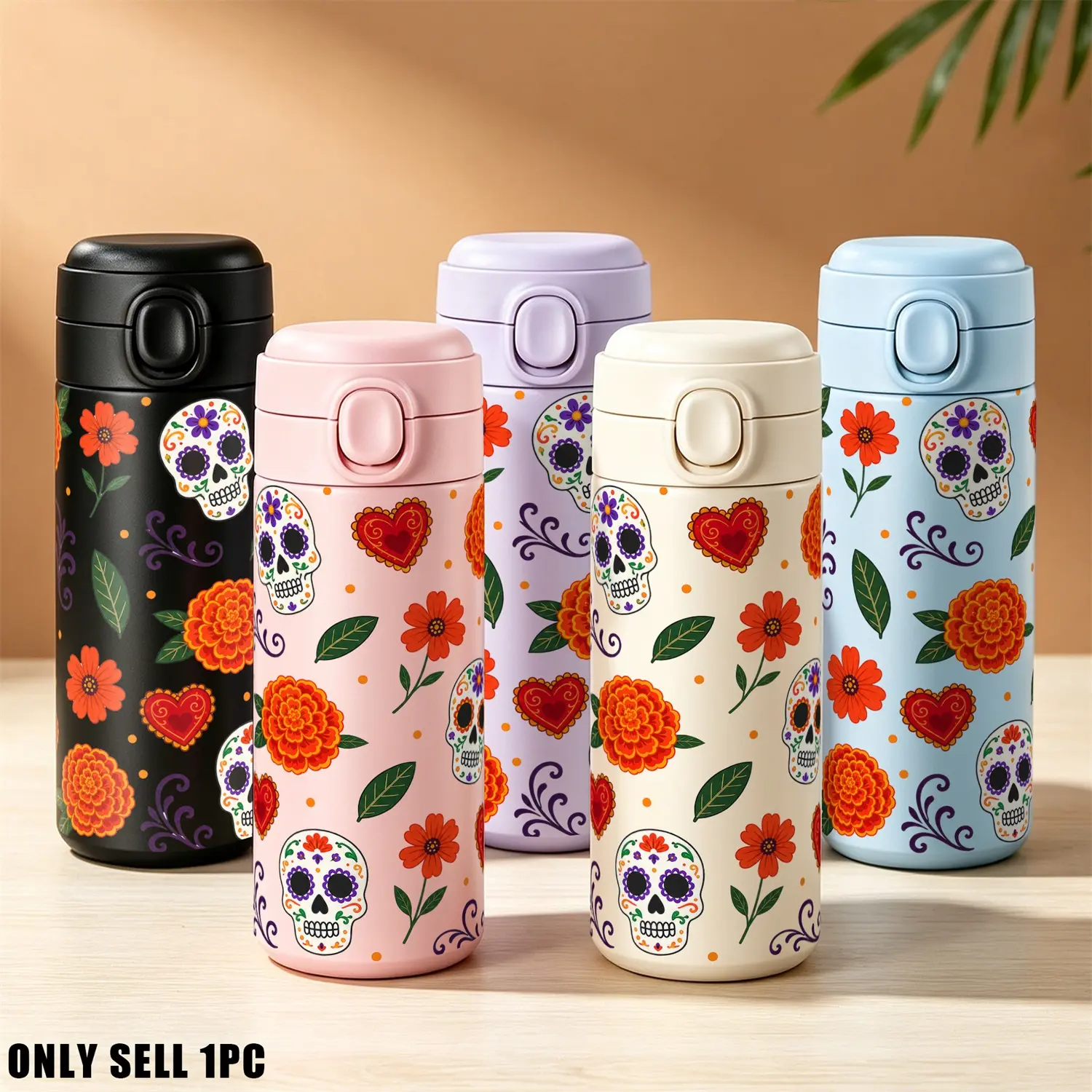 1pc 14oz Halloween Cup With Straw, Cute Sugar Skull & Marigold Print Reusable Stainless Steel Cup, Portable Leakproof Hydration Cup with Straw for Gym Hiking Travel, Spooky Season Gift for Teens Women Women's clothing
