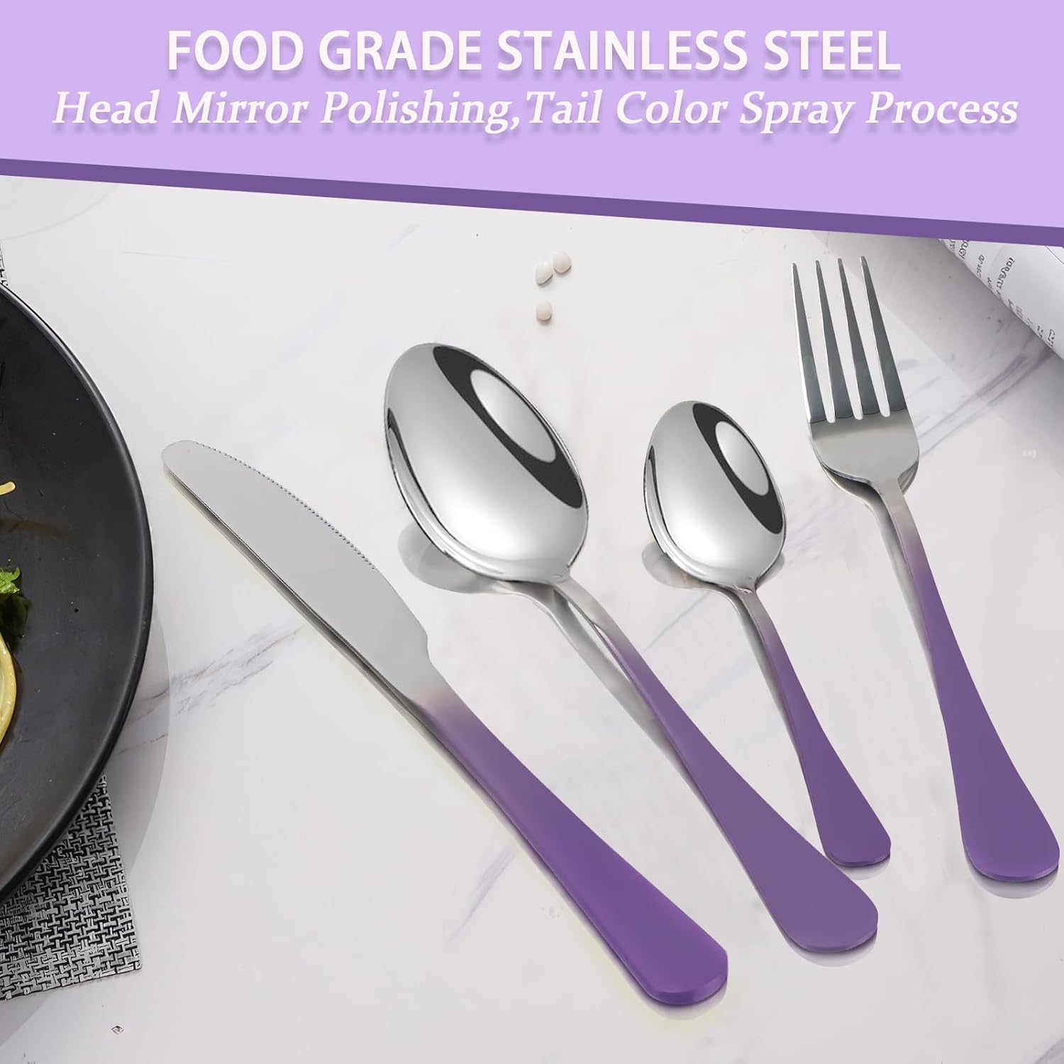 24 count Flatware Set, Stainless Steel Cutlery Set with Silverware Holder, Modern Eating Tableware Set Includes Dinner Forks Spoons, Silverware Set Service for 6 (Purple) 24 count Flatware Set, Stainless Steel Cutlery Set with Silverware Holder, Modern Eating Tableware Set Includes Dinner Forks Spoons, Silverware Set Service for 6 (Purple)