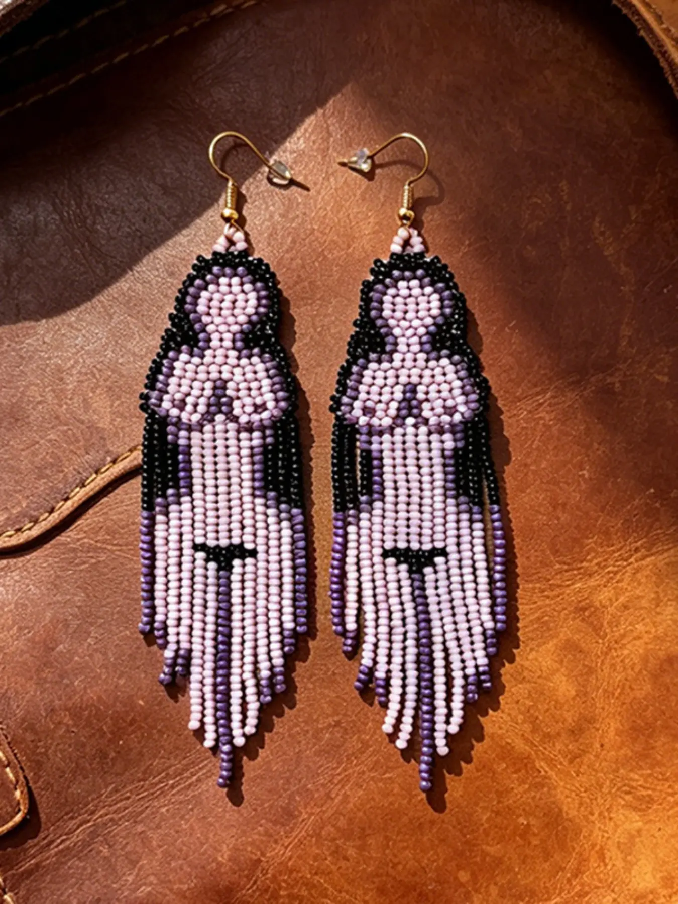 Bohemian Western Human Figure Seed Bead Fringe Earrings, Gradient Handmade Dangle Drop Earrings, Ethnic Cowgirl Statement Jewelry