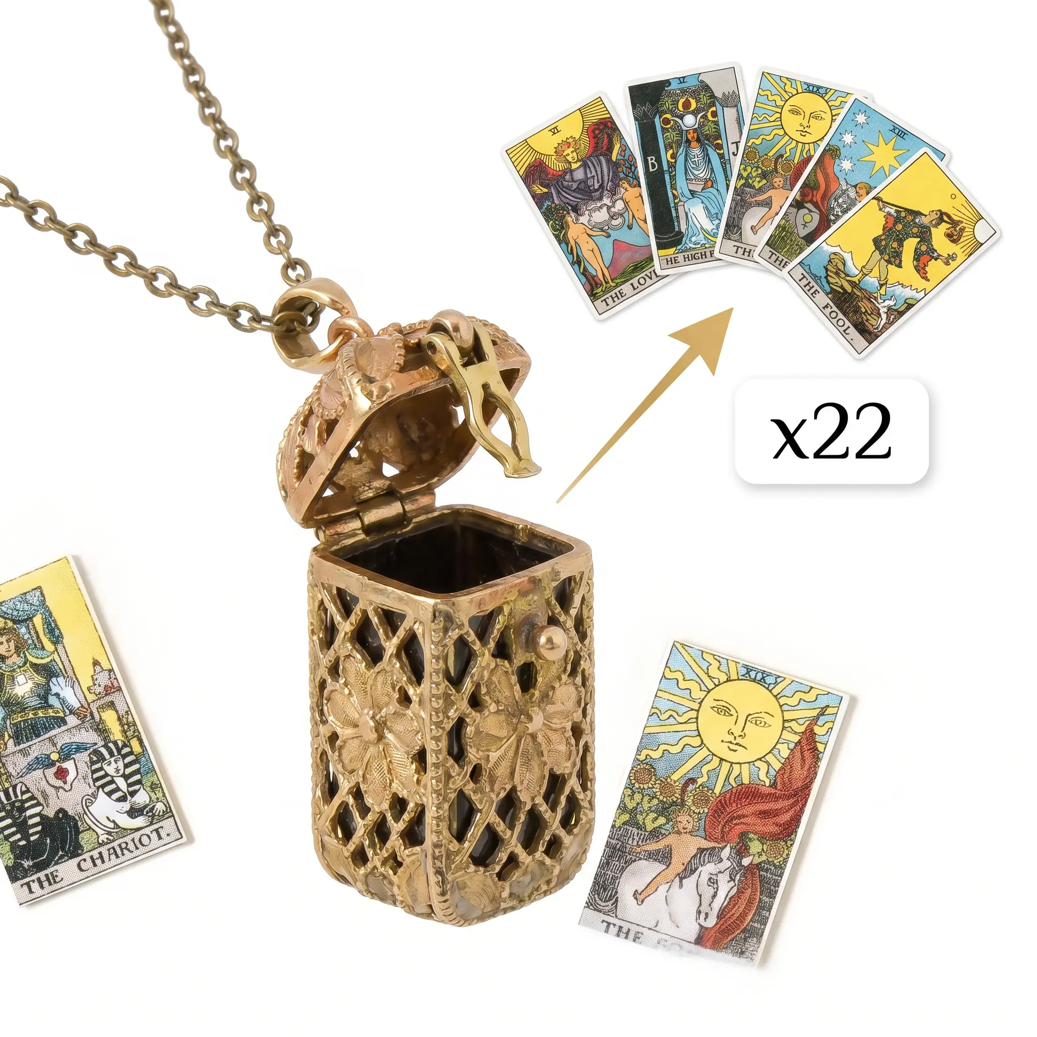 22 Mini Major Arcana Tarot Card Necklace, Openable Vintage Gold Locket Pendant, Hollow Fortune Deck Charm Jewelry for Gift, Cosplay, Daily Wear,Women gifts