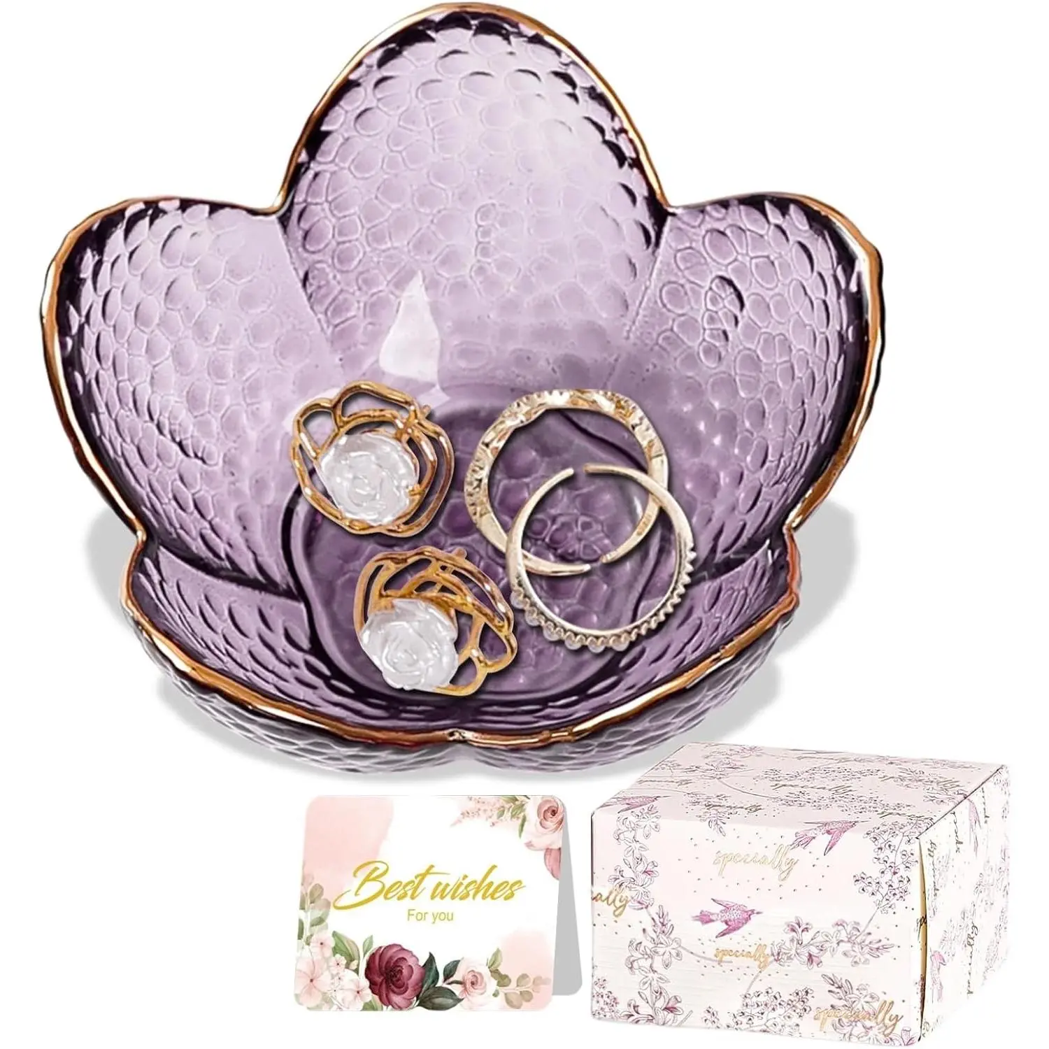 Purple Flower Glass Jewelry Dish Ring Holder Trinket Tray Cute Aesthetic Vanity Organizer for Nightstand Bathroom Room Decor Gift for Women Mothers Day Christmas Birthday FriendshipGift