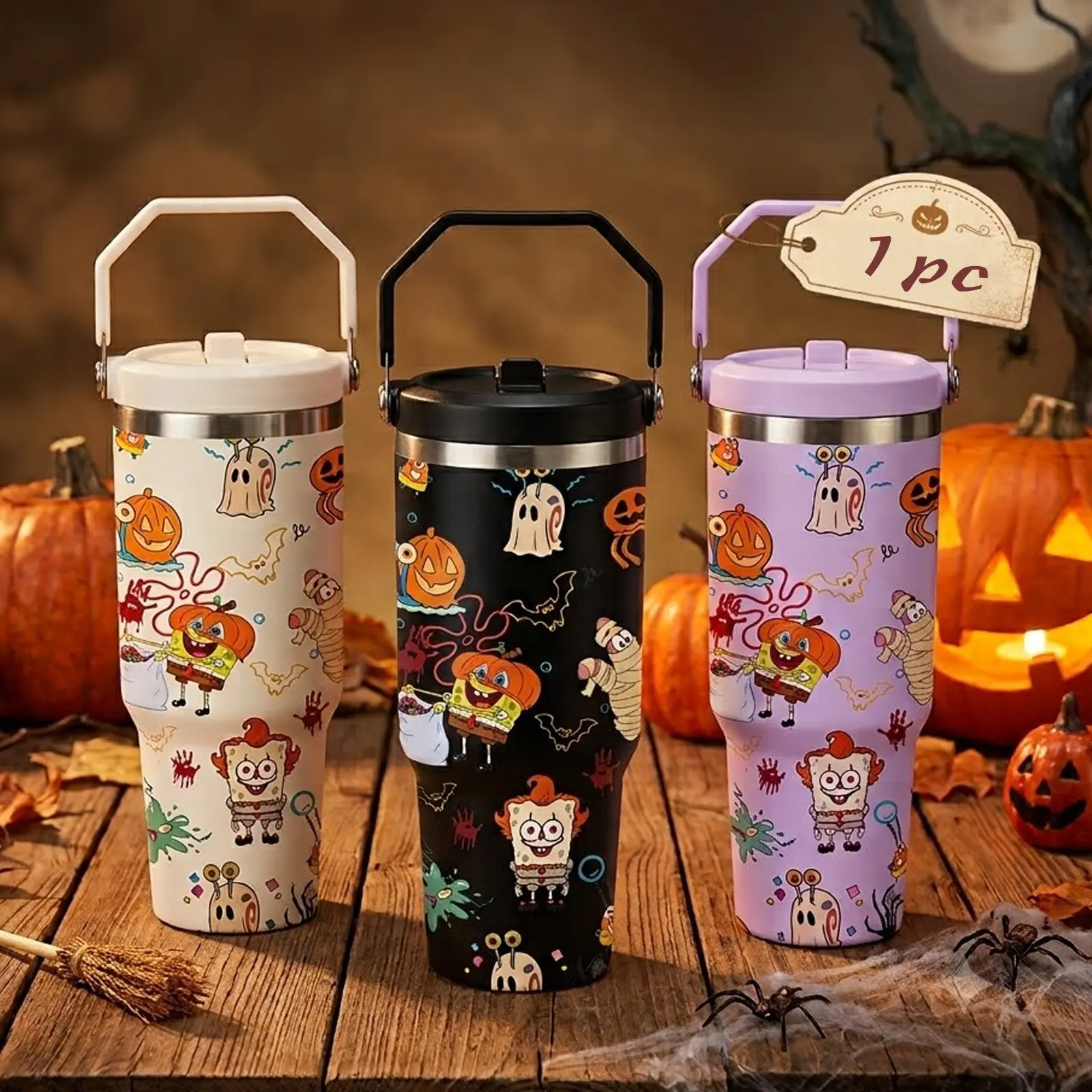 30oz Spooky Cartoon Sea Friends Tumbler with Handle, Halloween Pumpkin Ghost Funny Character Print, Stainless Steel Vacuum Insulated Cup with Straw Lid, Fall Party Gift