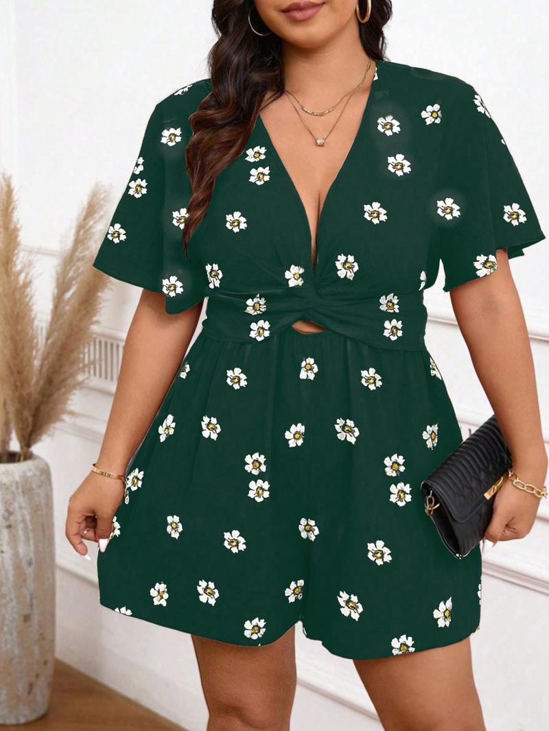 【Plus Size】 Floral Print Rompers, Womenswear Casual Fashion Short Sleeve Romper for Daily Outdoor Wear, Women's Plus Clothing for All Seasons