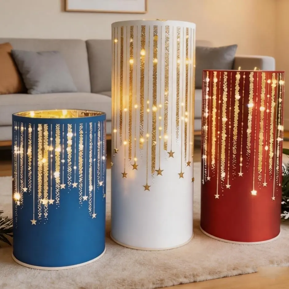3-Pack Starry Sky Etched Glass Hurricanes with LED Lights - Romantic Theme Set Package, Mantel & Table Decor for Wedding, Holiday Celebration (White+Red+Blue)