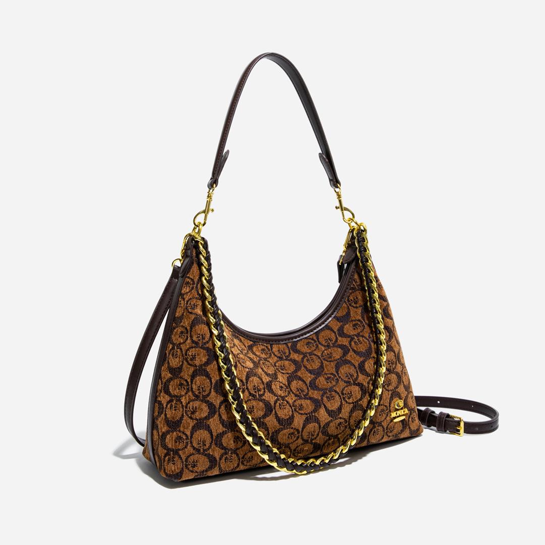 Monica KiKi Chenille coffee color Niche Tote Bag for Women, New High-End Elegant Letter Shoulder Bag, Fashionable Crossbody Bag