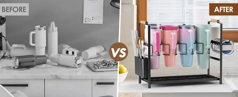 Water Bottle Organizer Drying Rack for 40 oz Tumbler with Handle, 2 in 1 Multifunctional Cup Storage Holder Compatible with Stanley, Owala, Simple Modern, Soufull, 8 Slots (Patented)