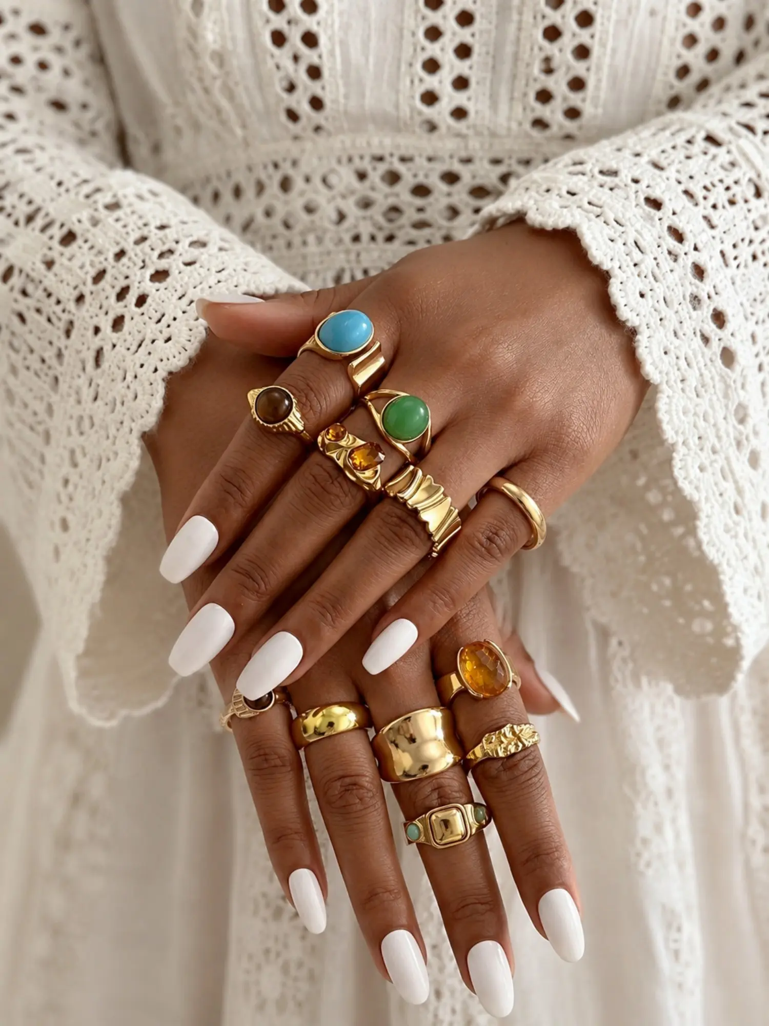 12 Pcs Women's Fashion Stackable Rings, Bohemian Style Chunky Imitation Gemstone Wide Band Set, Perfect for Daily Wear and Gifts