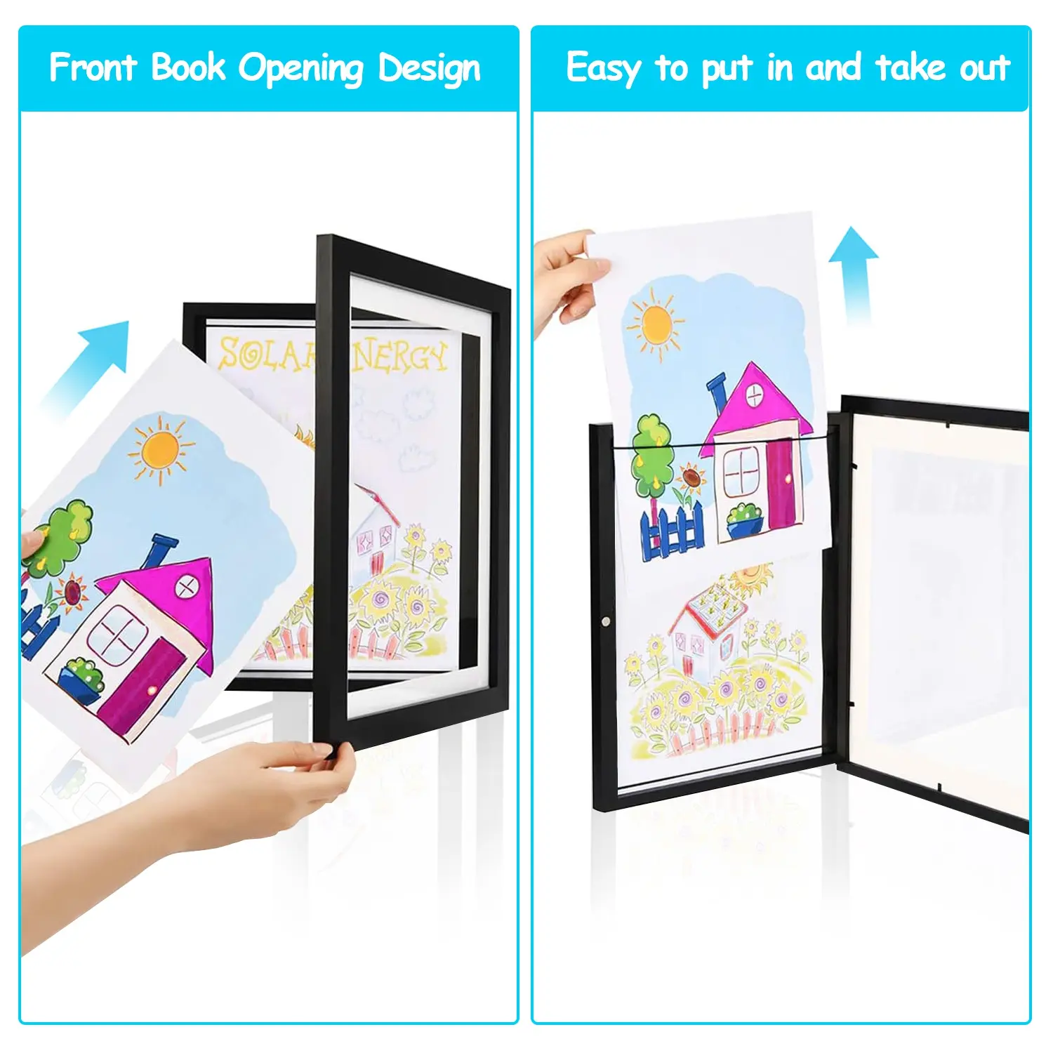 2-Pack A4 Kids Art Frames, Front-Opening Artwork Display and Storage Frames for Children’s Drawings, Photos and School Projects, Wall-Mounted Picture Frames, Black or White