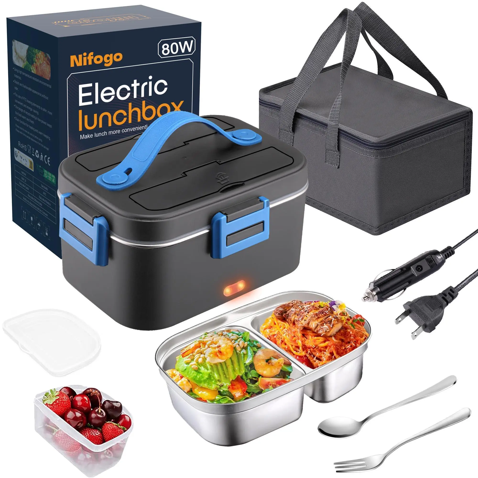Nifogo Thermal Heated Lunchbox, 1.8L 304 Stainless Steel Portable Fast-Heating Hot Food Container, 110V-12V-24V Multi-Voltage Leakproof Insulated Lunchbox Cooler with Fork, Spoon, Storage Bag Tableware