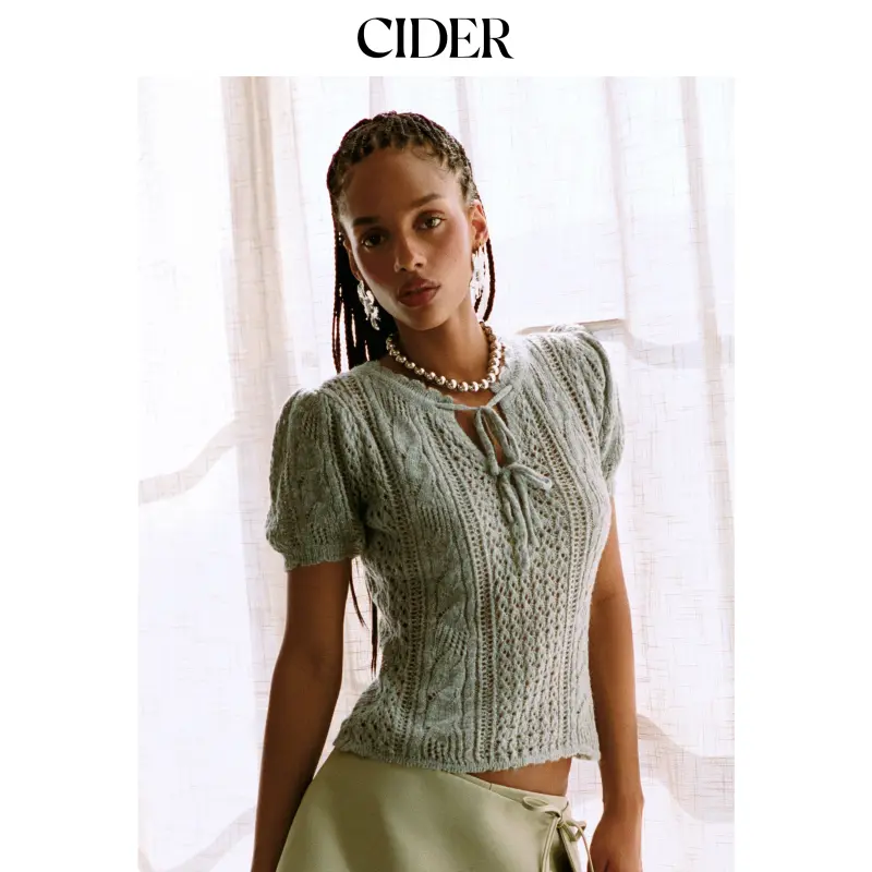 Cider Knit Pointelle Tie Front Bowknot Puff Short Sleeve Top