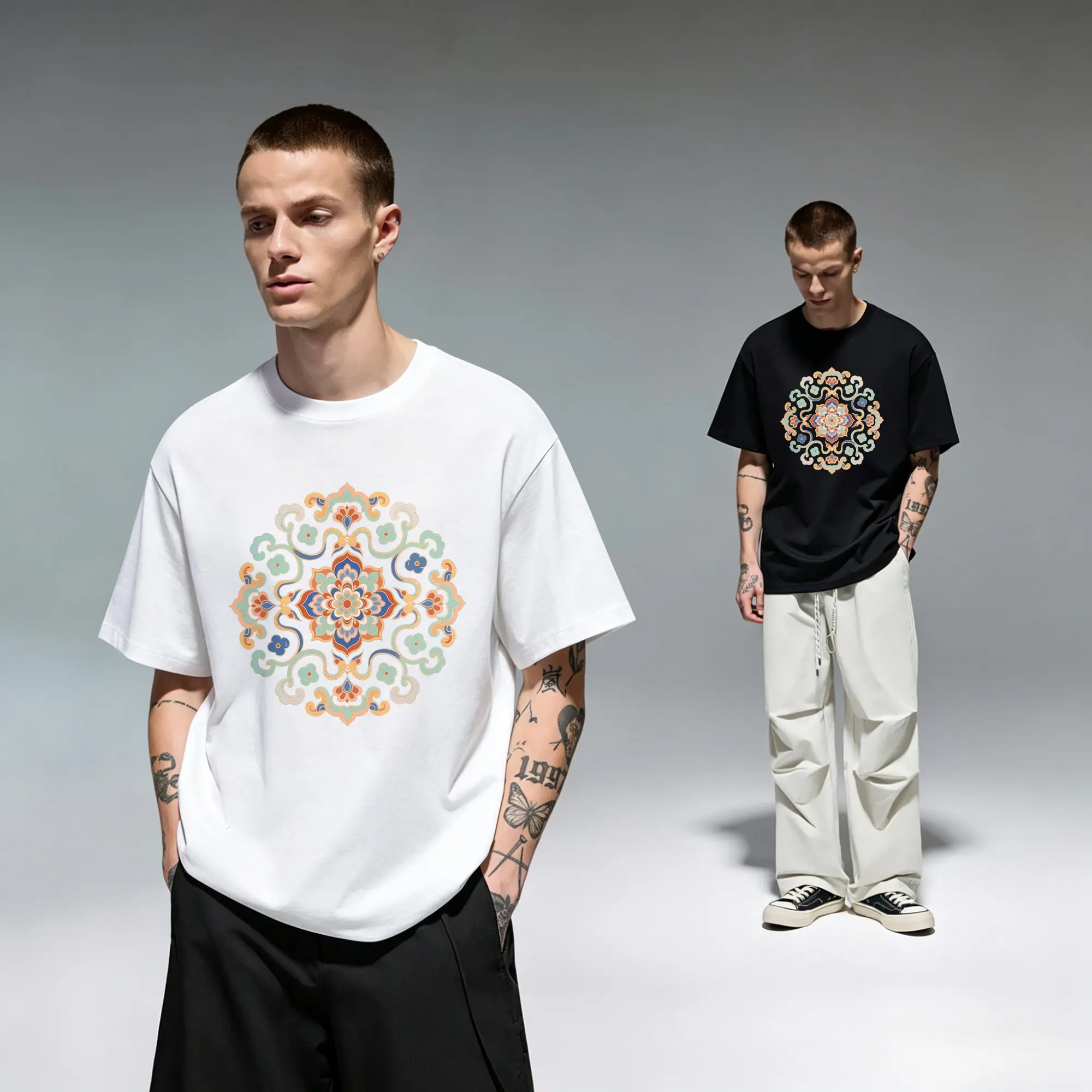 Oriental Mandala Floral Traditional Pattern Art Original Oversized Cotton Graphic Tee T-Shirt for Men Gift Cutting Ideas Women Teen Girls Boho Aesthetic Zen Spiritual Vibe Casual Everyday Wear Urban Streetwear Trendy Apparel Outfit Top Style