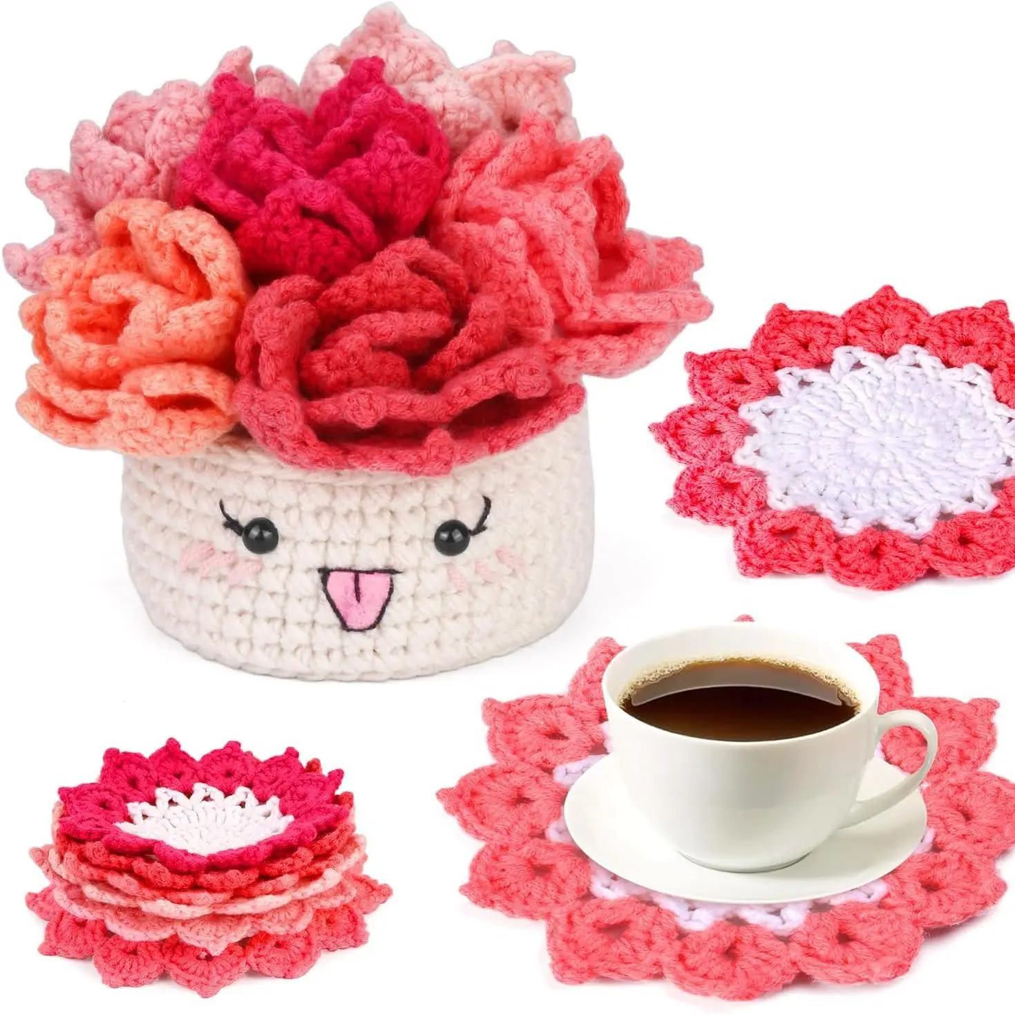 Crochet Kit for Beginners, 6 count Potted  Coasters Crochet Kit | Coasters Crochet Kit with Step-by-Step Video Tutorials, Crochet Hooks, Learn to Crochet Kits for Adult Beginners