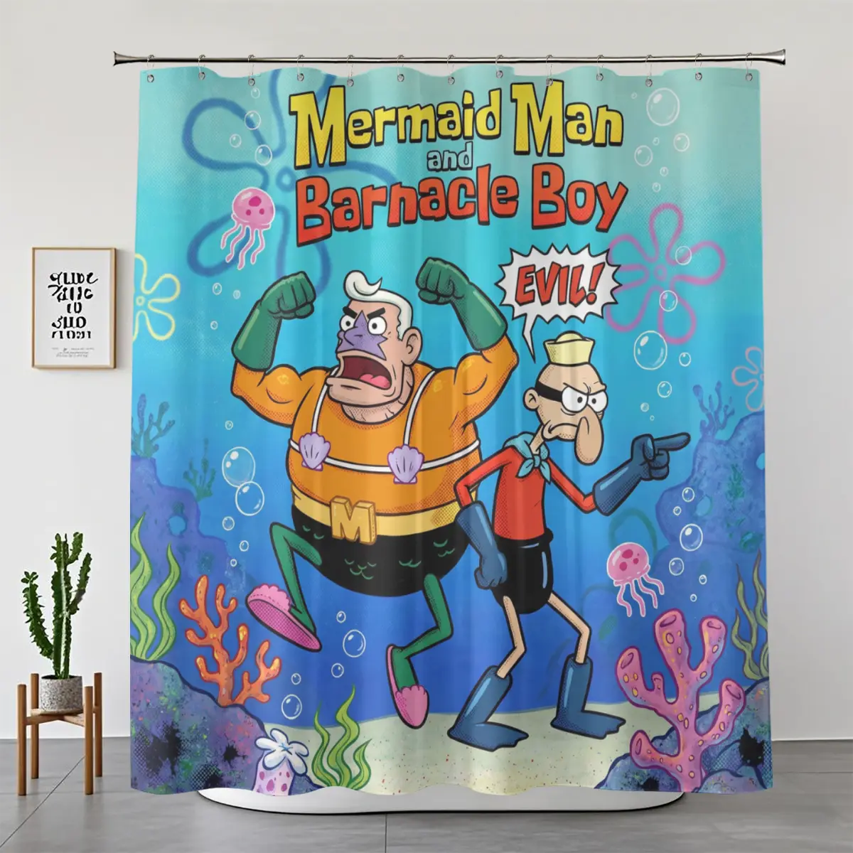 1/4pcs Funny Mermaid Man & Barnacle Boy Shower Curtain Set - Classic Cartoon Superhero Evil Meme Under-The-Sea Print Bathroom Decor, Waterproof Fabric Set with Non-Slip Rug, Toilet Cover & Splash Protection for Kids