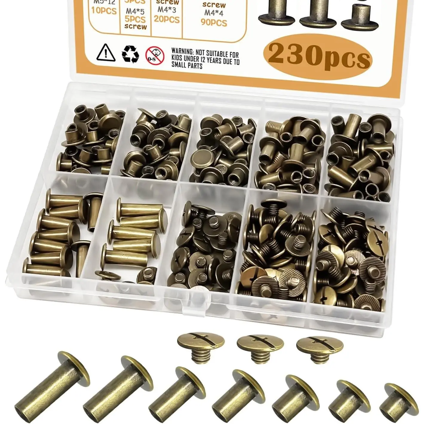 115-Set Chicago Screws Leather Kit, M5*4/5/6/8/10/12/15 Bronze Brass Rivets, Leather Rivets Tools (DD031-GT)