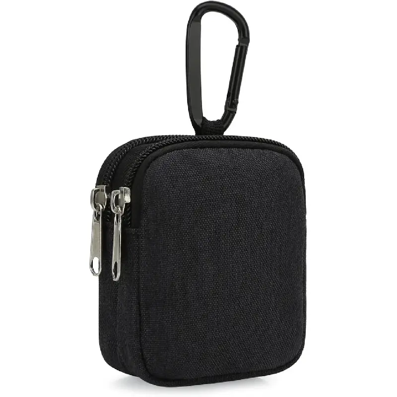 Coin Purse with Carabiner Clip, Dual Layer Card Case Holder, Mini Pouch for AirPod Earphone Keychain USB Cable,Wallet, Small Accessories Organizer Bag for Women and Men (Black)