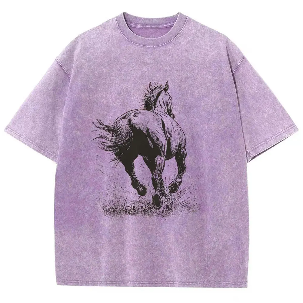 Men's Vintage Washed Pure Cotton Korean Round Neck Graphic T-Shirt - Loose-Fit Streetwear Short-Sleeve Top with Print Front Galloping Horse, Multi-Size Casual Basic Tee for All Seasons