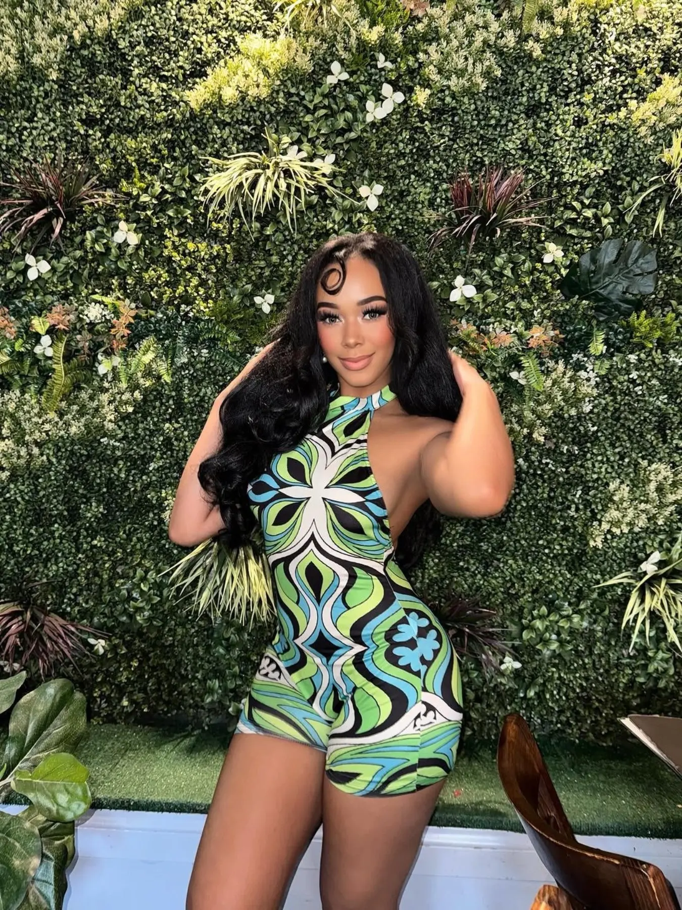 Trendy Retro Abstract Floral Swirl Pattern Backless Halter Fitted Short Jumpsuit, Summer Vacation, Street Style, All Seasons