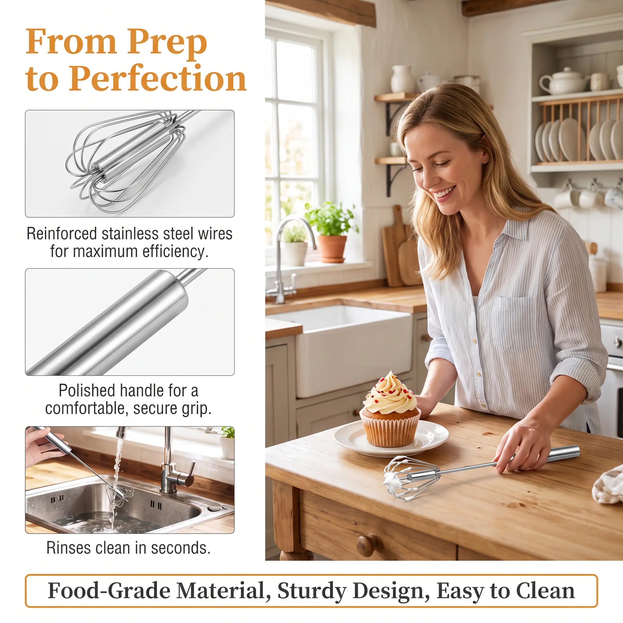 Food Grade Stainless Steel Hand Push Rotary Whisk Rust Proof Semi Automatic Egg Beater Riveted Structure Easy to Clean Mixer for Whisking Beating Stirring Cooking