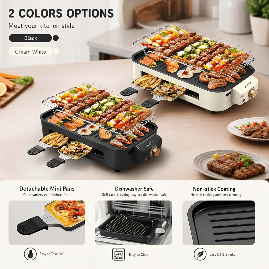 [Indoor & Outdoor BBQ] 2 Colors Available (Black/Cream White) Electric BBQ Grill with Free Utensil Set, Indoor & Outdoor Use, Large Capacity Multi-Layer Grill for BBQ, Camping, Parties & RV Trips. Fast Heating, Adjustable Temperature, Nonstick Surface, Ea