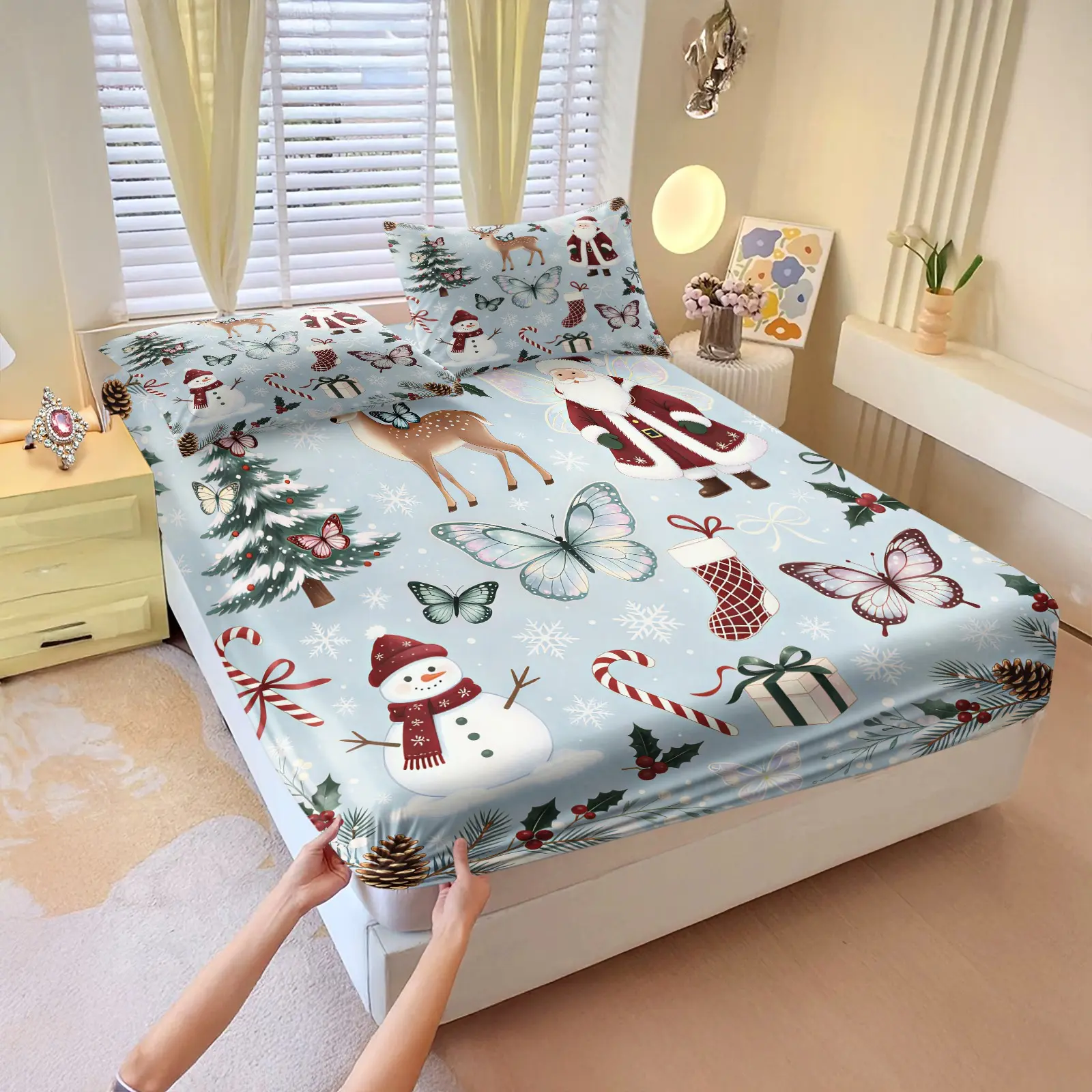 3Pcs Classic Winter Christmas Fitted Sheet Set, Tree Reindeer Snowman Gift Box All Over Print, Wide Elastic Snug Anti Slip Mattress Cover