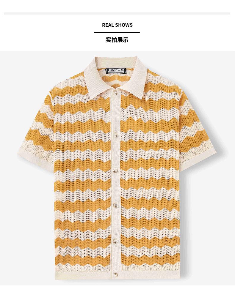 Men's Vintage Hong Kong Style Wave Pattern Hollow Knit Shirt with Turn-down Collar, Summer Short Sleeve Casual Polo Shirt