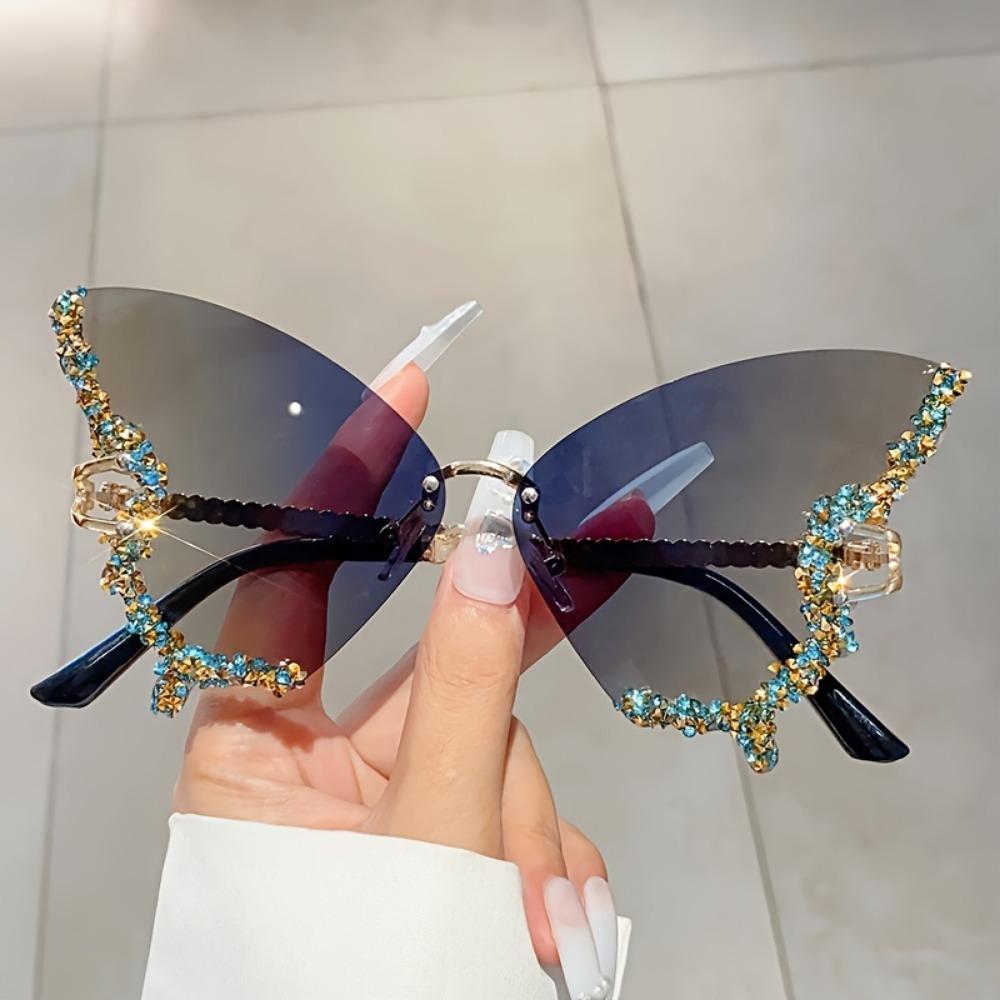 1 Count Rhinestone Decorated Butterfly Design Sunglasses, Durable Material Fashionable Rimless Sunglasses for Women, Elegant All-match Fashion Accessories for Daily Wear, Stylish Glasses, Trendy Styling Sunglasses