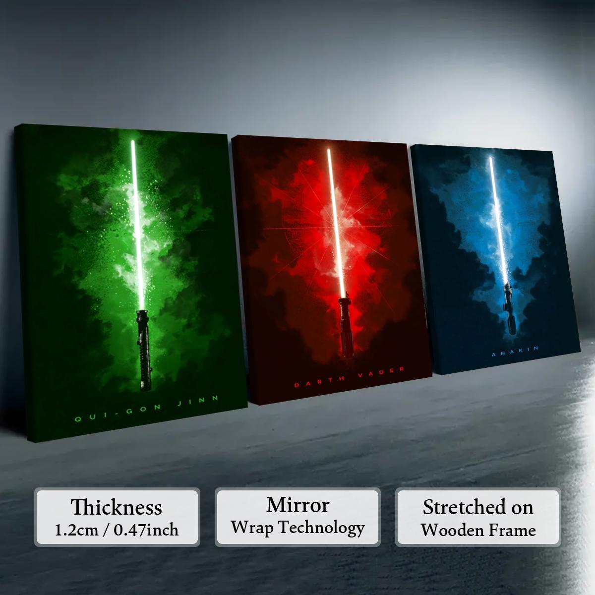 Wooden Framed Canvas Painting, 3 Counts/set Lightsaber Pattern Wall Art, Unique Artwork, Modern Wall Decor for Home Living Room Bedroom Office Illustrations, Decoration