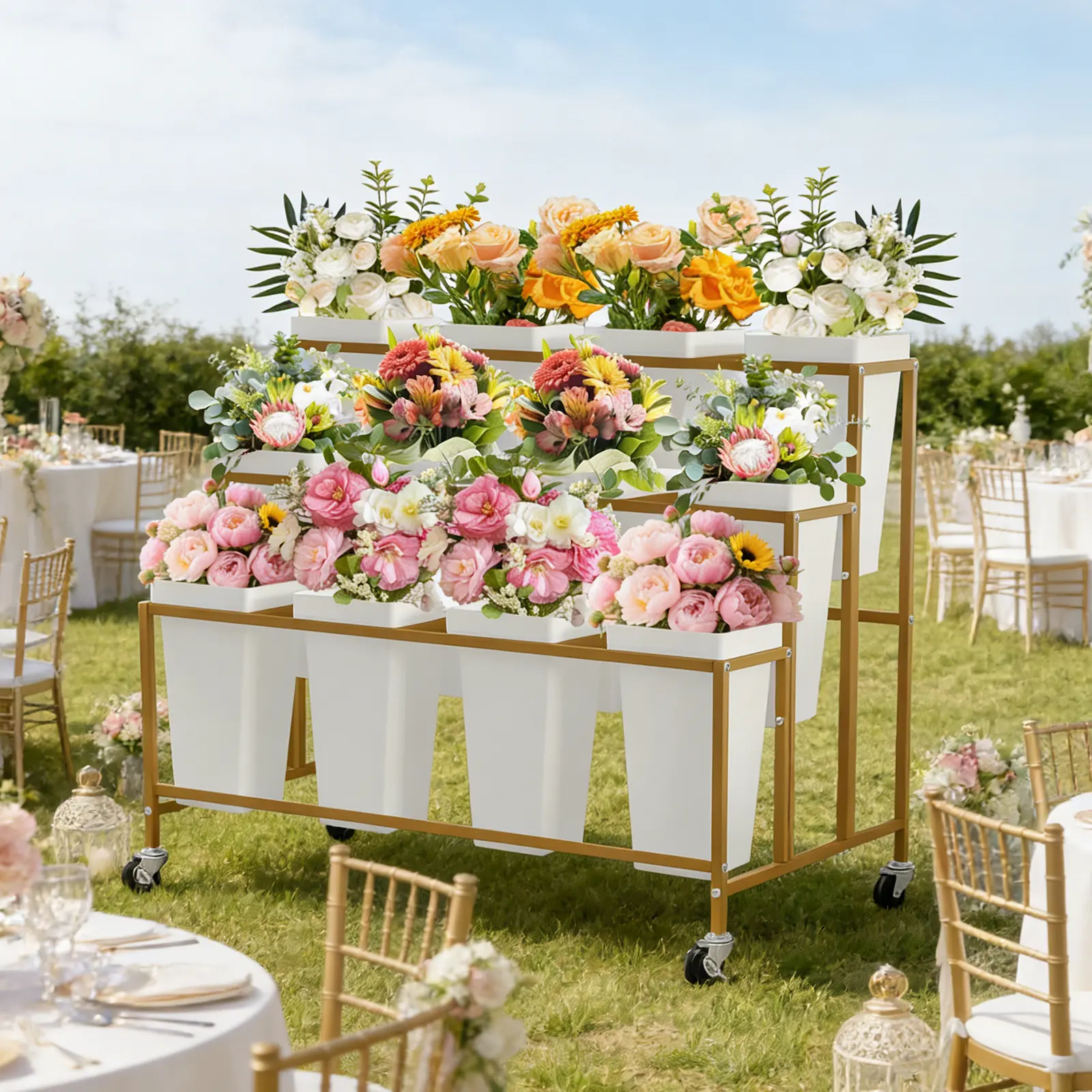 3-Tier Metal Flower Display Stand with 12 Square Plastic Buckets and Wheels,Flower Display Cart for Indoor and Outdoor Use, Gold | Flower Display Cart for Indoor and Outdoor Use,Gold