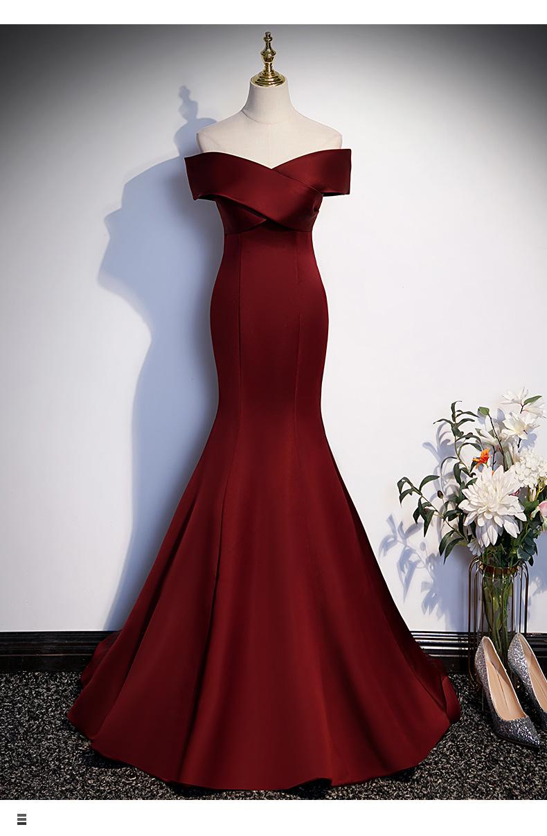 2026 New Style Wine Red Fishtail Toast Dress, Female Vocal Music Art Exam Evening Dress, Annual Party Host Off-the-Shoulder Light Wedding Dress