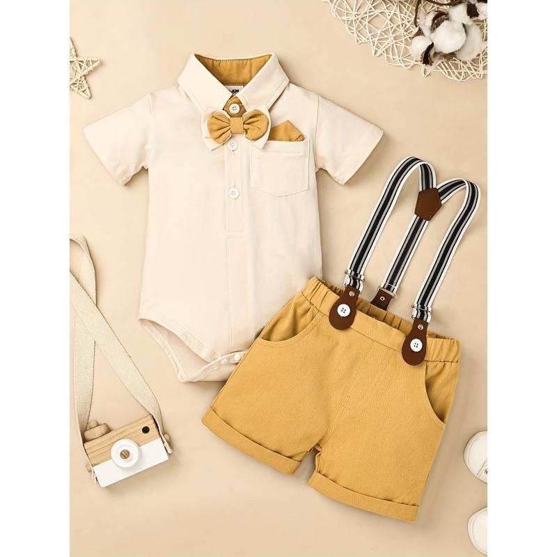 Baby Boy Gentleman Outfit Valentine's Day Baby Romper Shirt with Bow Tie and Suspender Shorts Baby Suit Set