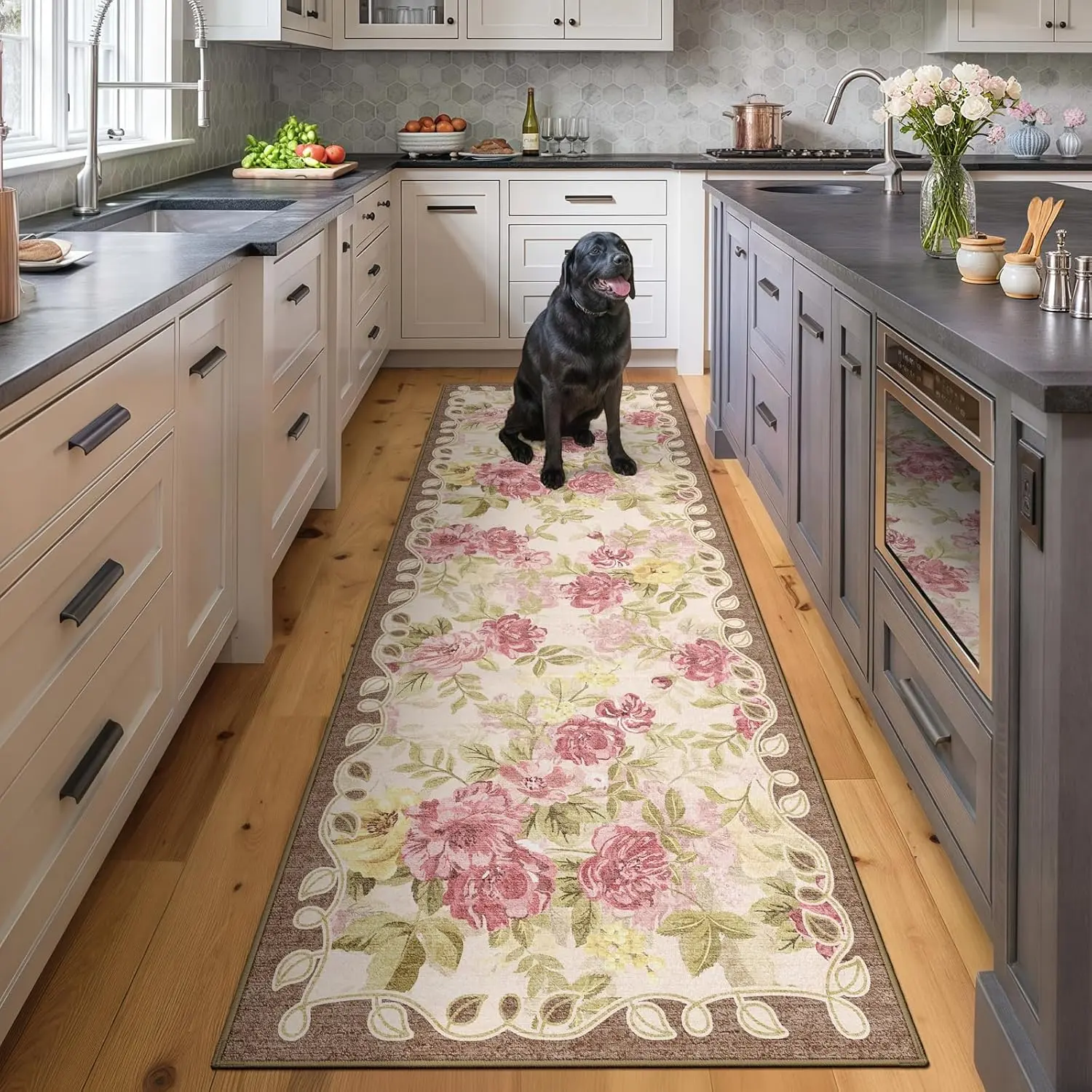 2x6 Machine Washable Runner Rug, Kitchen Hallway Area Rug Pink Vintage Boho Floral Ultra Non-Slip Low Pile Soft Faux Wool Carpet, Kids and Pets Friendly for Bedroom Entryway Nursery Home Decor Rug