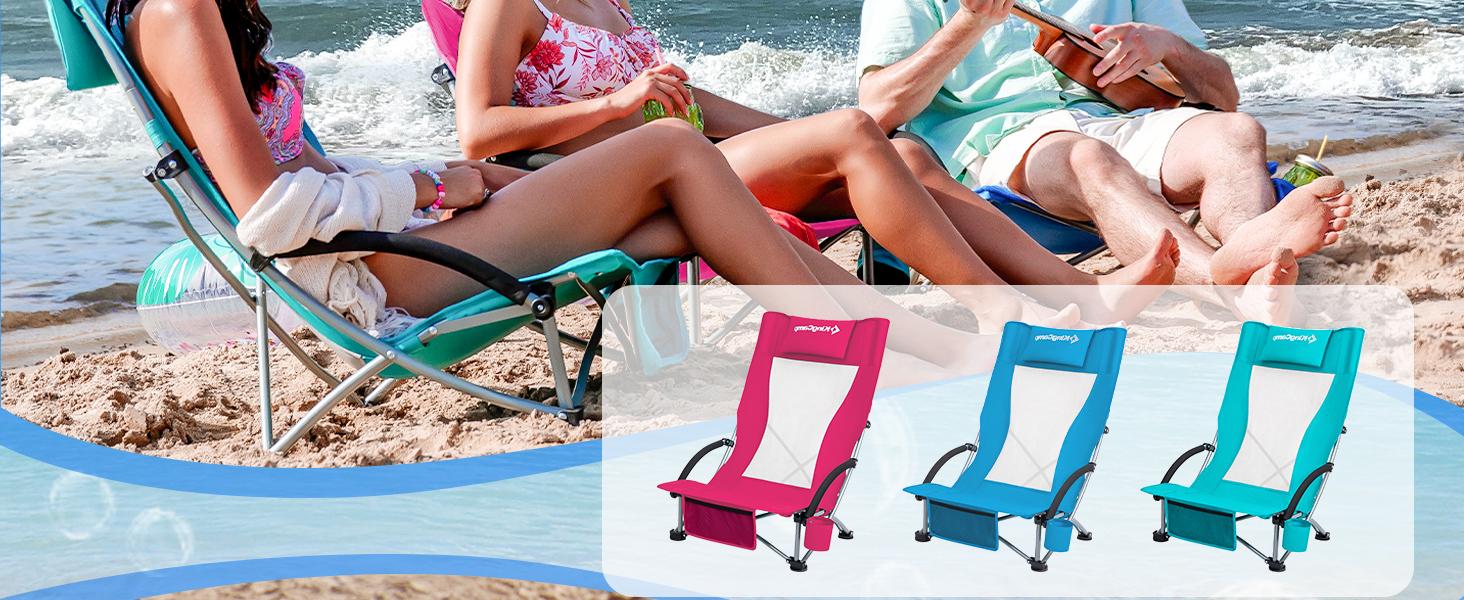 KingCamp Low Beach Chair, High Back Folding Camping Chair for Adults, Oversized Breathable Mesh Seat, 300lbs Heavy Duty Portable Chair with Cup Holder & Storage Pockets for Beach, Outdoor
