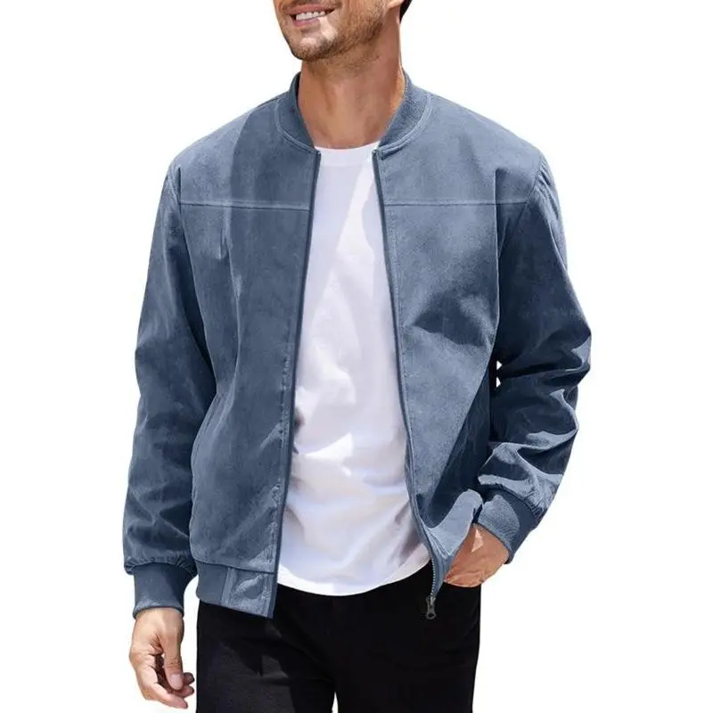 Men's Spring & Fall Zipper Jacket, Suede Fabric Casual Long Sleeve Button Front Outerwear, Loose Fit Vintage Style Coat