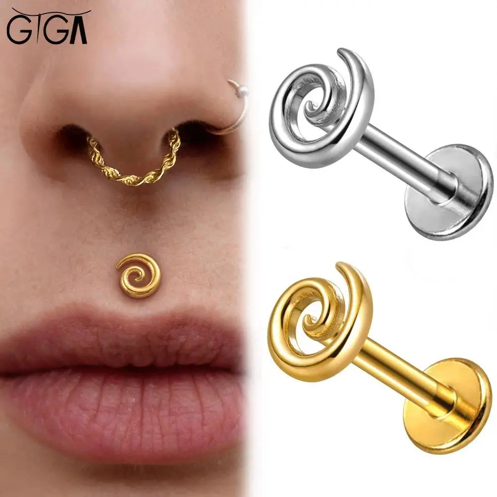 Giga 1Pcs ASTM F136 Titanium Spiral Labret Studs Cartilage Tragus Helix Medusa Piercing Flat Back Earrings Body Piercing Jewelry