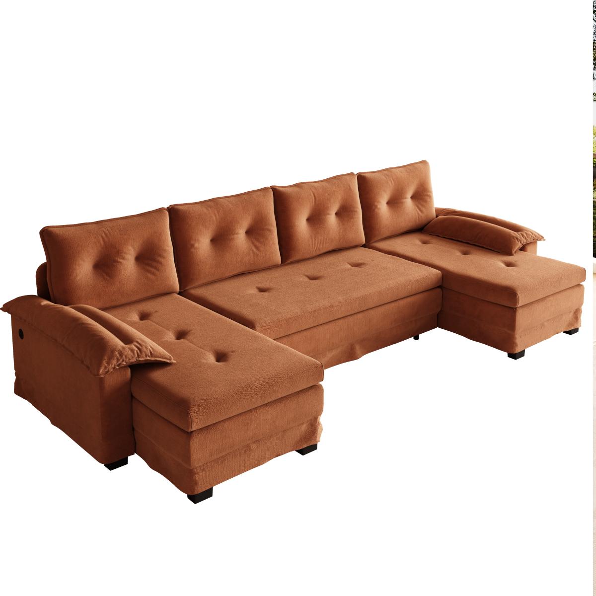 109.5" U-Shaped Sleeper Sofa with Pull Out Bed,2 in 1 Convertible Couch Bed with Removable Armrests & USB Ports,Oversized Sectional Modular with Chaise Lounge for Living Room/Apartment,Orange    RR