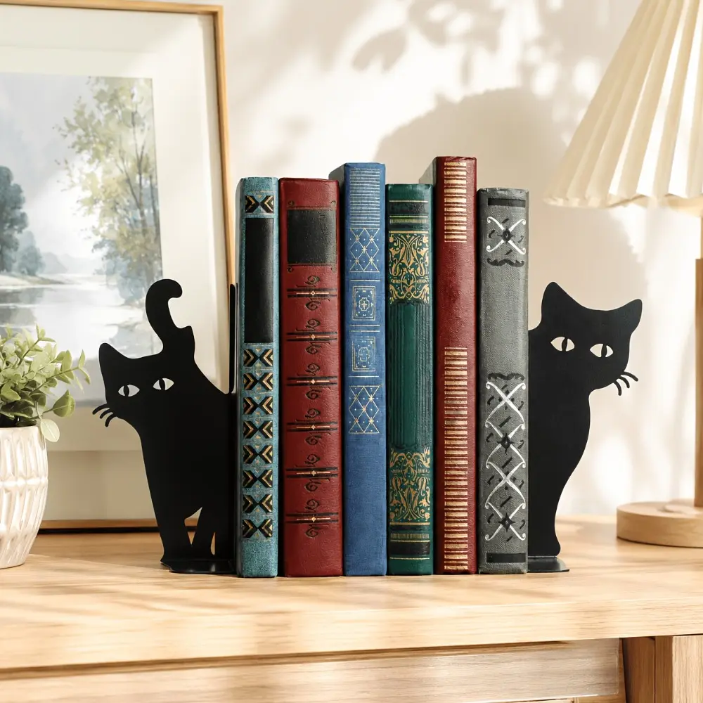1Pair Black Metal Cat Bookends,Cute Minimalist Iron Cat Book Stopper with Standing & Sitting Cat Silhouette, Heavy Duty Non-slip Book Holder Decor, Desktop Book Organizer for Bedroom Home Library, Lovely Decorative Gift for Cat Lovers Bookworms Pet Owners