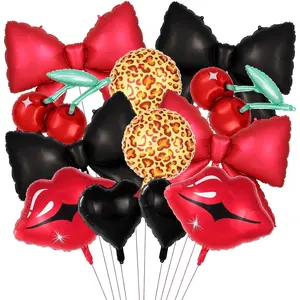 12 count Red and Black Foil Balloon Kit, Red Lip Cherry Bow Black Heart Leopard Print Balloons, Red Lip and  Balloons for Women's Birthday Party,  Shower, Bachelorette Party