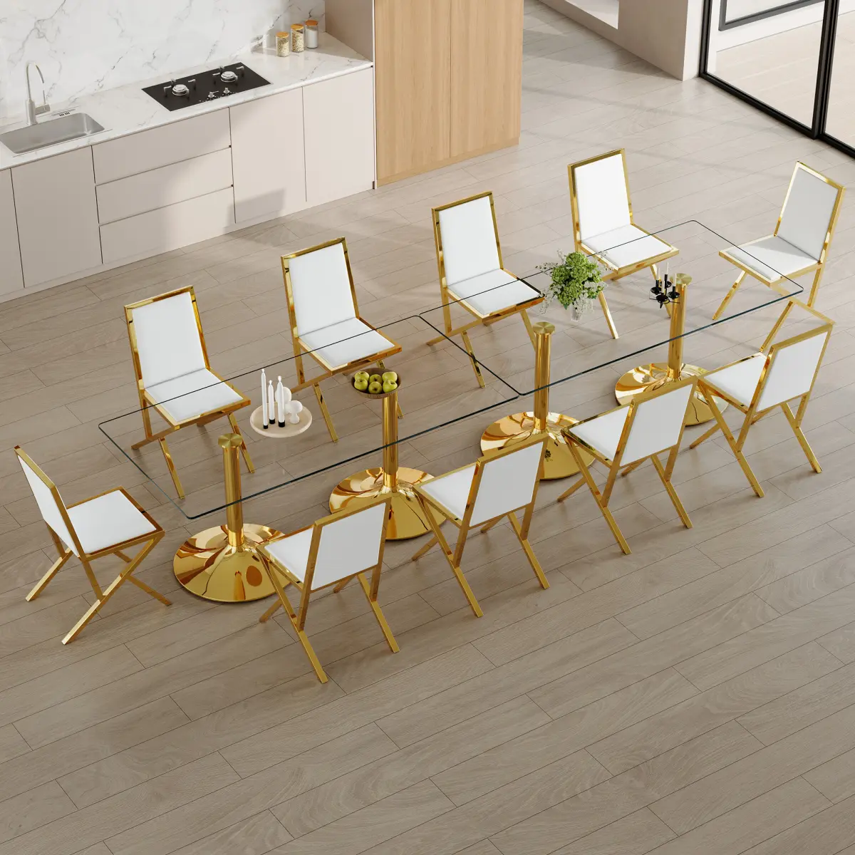 AobtkelTable and chair set.Two 71 x 35.4-inch tempered glass tables,10 gold metal framed white PU dining chairs. Modern Kitchen Table & 10 Seater Dining Room Furniture Set for Family Gatherings.