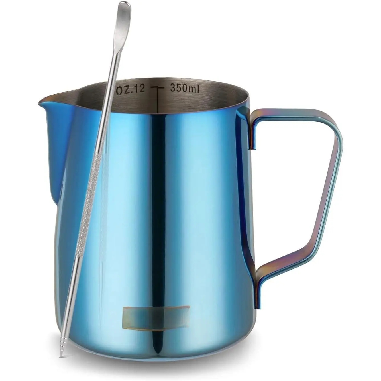 Milk Frothing Pitcher, 12oz Espresso Steaming Pitchers Stainless Steel Cappuccino Coffee Machine Accessories Barista Tools Steam Froth Pitchers Milk Jug Cup with Decorating Pen Latte Art, Blue