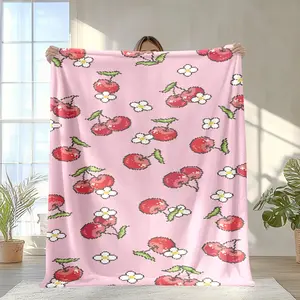 1Pc, Cozy Blanket Featuring Red Cherries On A Pink Design, Soft And Warm, Perfect Birthday Gifts For Classmates, Friends, Family, And Loved Ones, Suitable For Camping, Travel, Cars, And Home Or Office Decoration