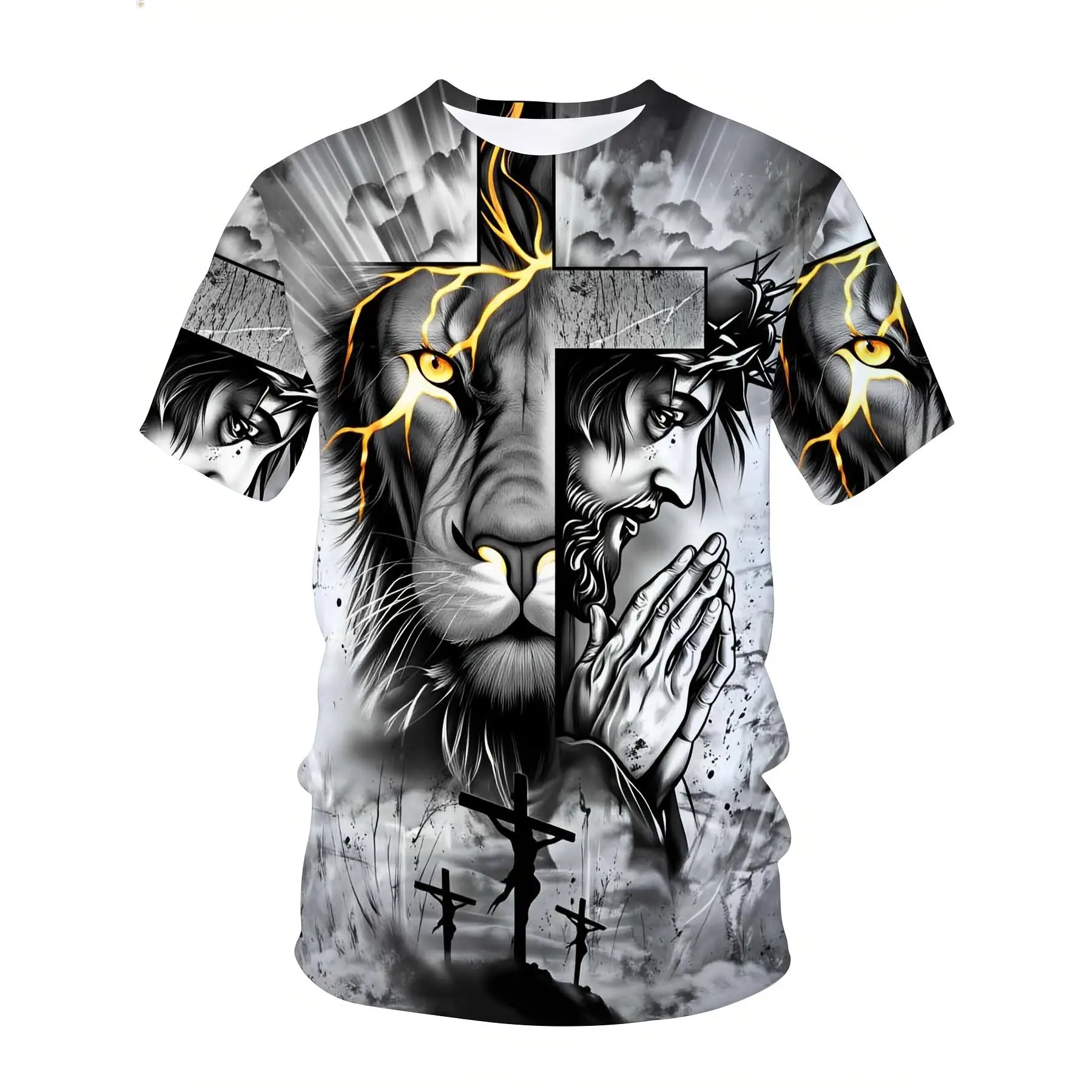 Lion and Jesus Christ Cross Print T-Shirt, Men's Religious Art Graphic Tee, Christian Faith Symbol Design, Short Sleeve Casual