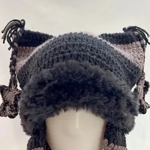 Unisex Thermal Handmade Plush Yarn Beanie – Thick Fur-Lined Winter Knit Hat with Ear Flaps & Tassels, Soft Warm Cold Weather Outdoor Headwear for Daily Wear & Winter Fashion