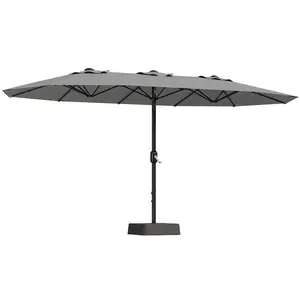 15ft Double-Sided Patio Umbrella with Base, Extra Large Outdoor Market Twin Umbrella with Crank, Waterproof UV Protected Heavy Duty Table Sunshade for Backyard, Deck, Pool, Garden, Grey