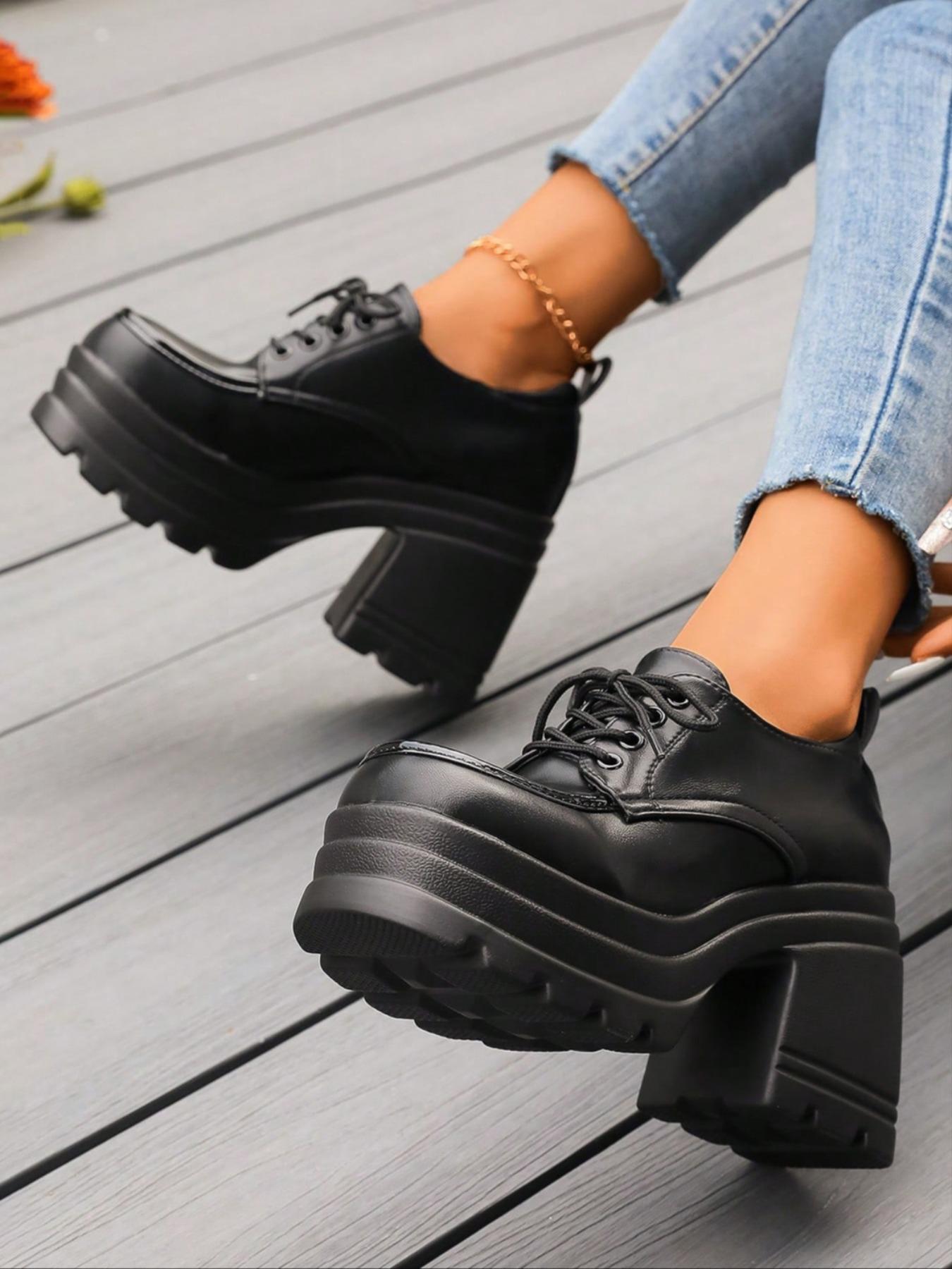 Women's Fashionable Lace Up Platform Shoes, Casual Comfortable Thick Sole Shoes for Daily Wear, Female All-match Trend Shoes for Daily Wear, Girl, Elegant Heeled Shoes, Platform Heels, High Heel Shoes