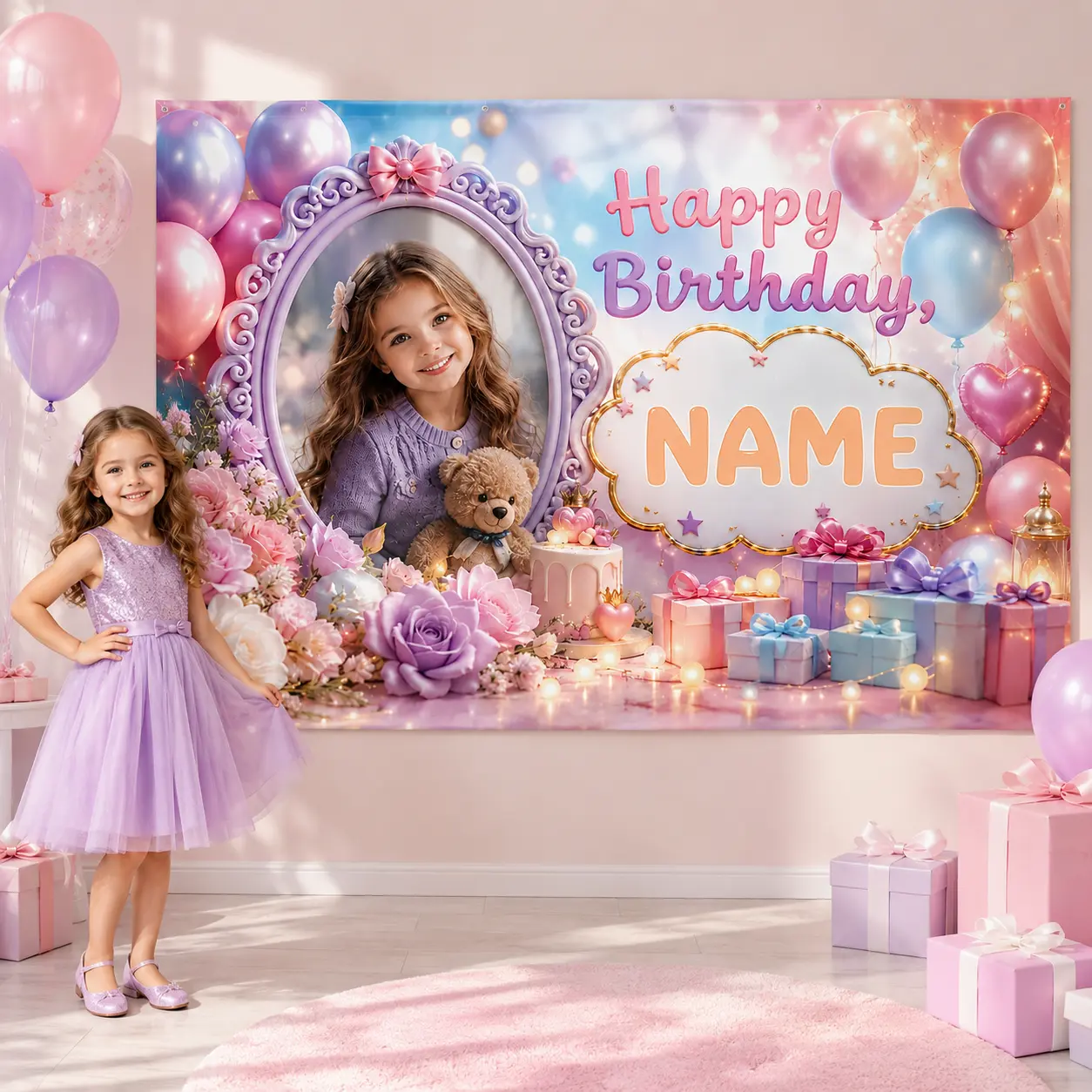 Personalized Princess Birthday Backdrop with Photo & Name – Pink Purple Fairytale Party Decor