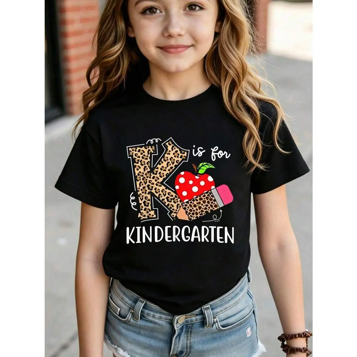 Young Girl's Leopard Print "K Is For Kindergarten" Kids T-Shirt, Back To School Casual Tee For Kindergarteners