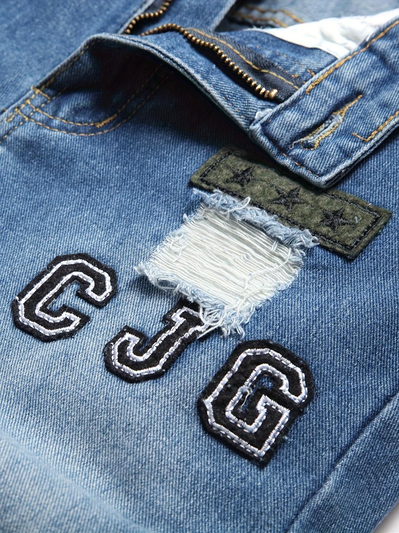 Men's Casual Skinny Fit Jeans, Ripped & Patchwork Embroidered Design, Men's Versatile Street Style Denim Pants For All Seasons