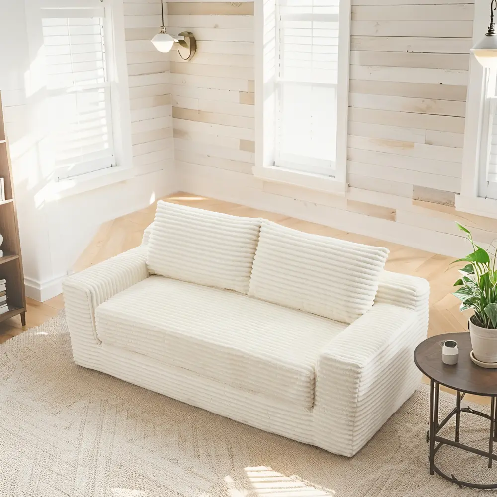 Littleox Loveseat Sofa  with Memory Foam & Steel Frame - No Assembly, Convertible 2-in-1 Design, Corduroy Fabric - Compact Couch for Small Spaces, Apartments, Home Office & Bedroom (Beige)